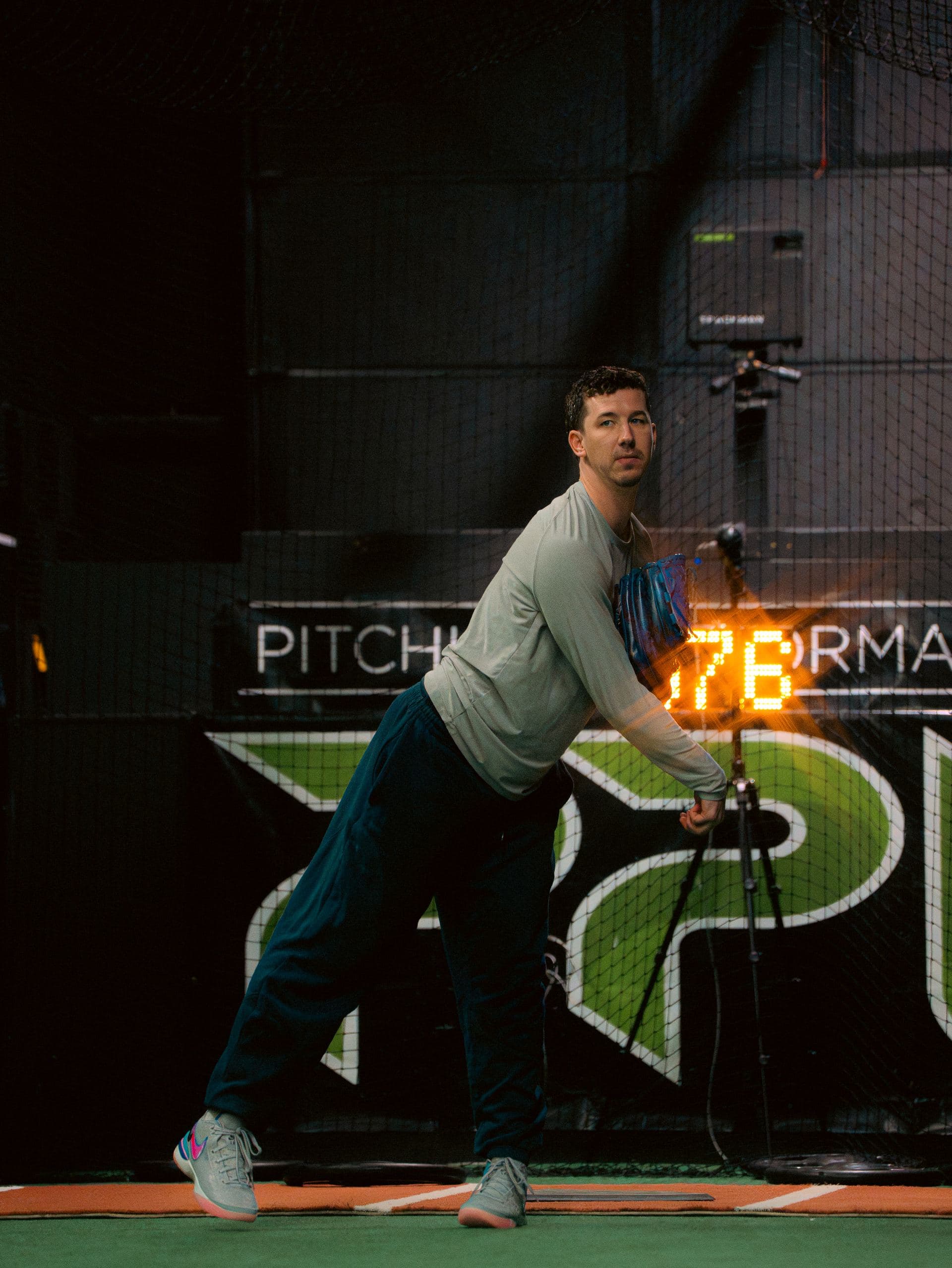 A pitcher finishing his delivery at PPL with the radar reading behind him